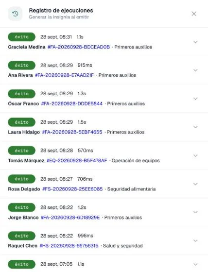 Panel Registro de ejecuciones con las ejecuciones, su estado, hora, duración y credencial