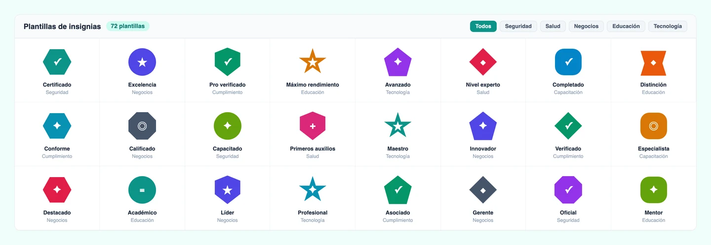 CertLister digital badge template gallery showing 72 SVG badge designs grouped by industry