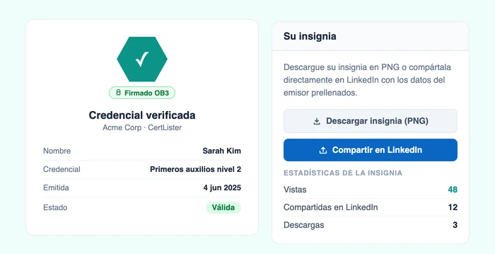 Página de verificación de CertLister mostrando una insignia digital junto al resultado de verificación de la credencial