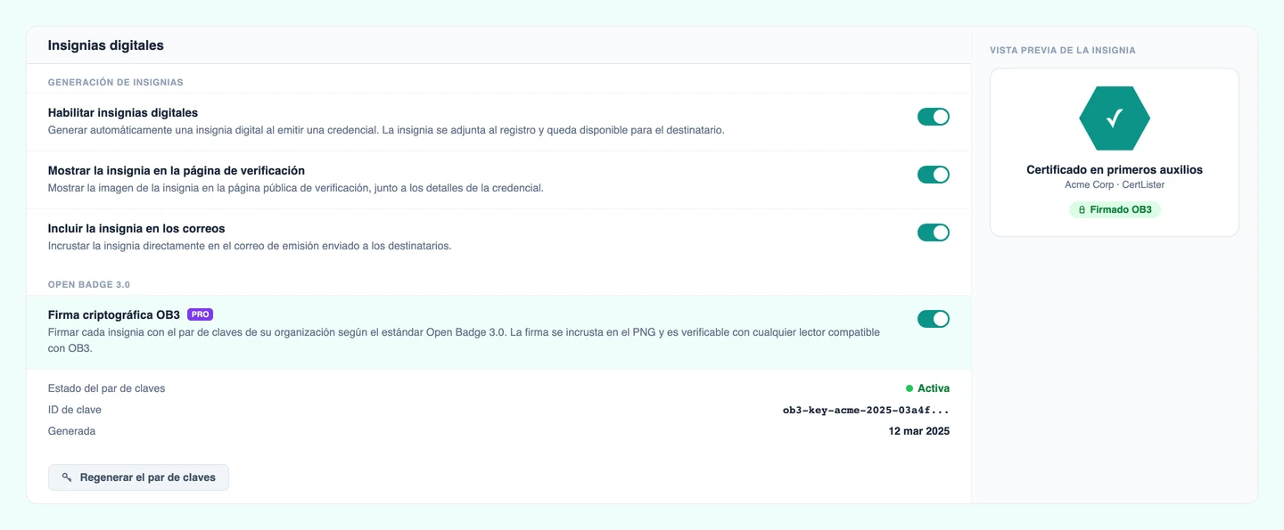 Configuración OB3 de CertLister mostrando la configuración del par de claves Open Badge 3.0 para la firma criptográfica de insignias