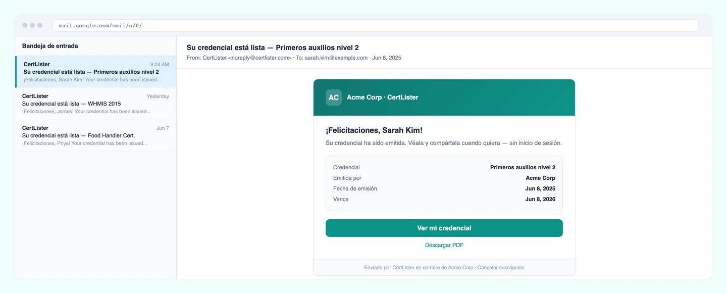 Correo automático de entrega de credencial de CertLister — vista de la bandeja de entrada del destinatario