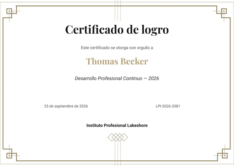 Plantilla de credencial Oro clásico, completada con datos de ejemplo