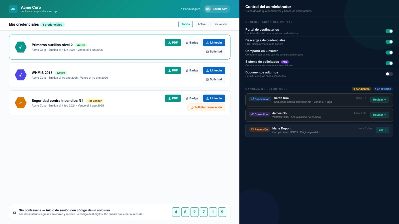 Portal del destinatario de CertLister mostrando el panel de un titular de credencial con sus credenciales emitidas