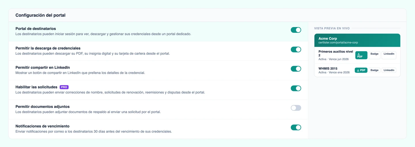 Página de Configuración del portal de CertLister mostrando los controles de administrador para habilitar y configurar el portal del destinatario