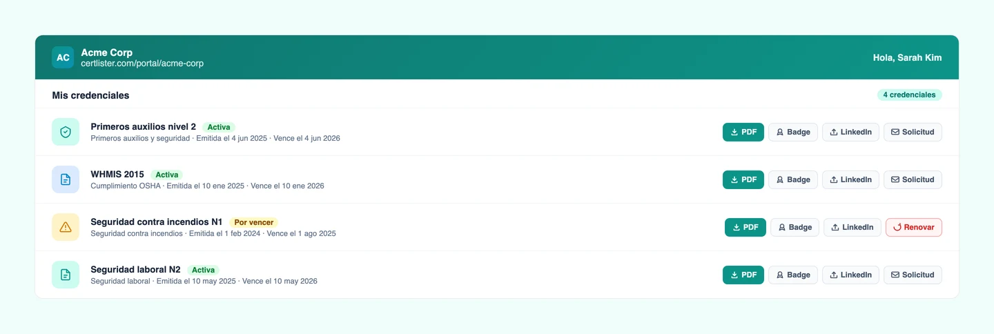 Portal de autoservicio del destinatario de CertLister mostrando la lista de credenciales