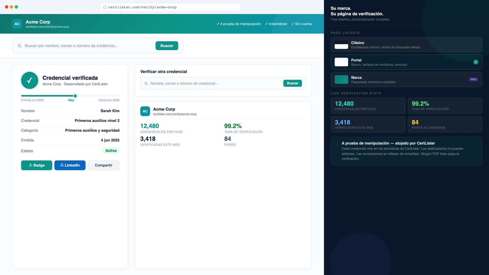 Página pública de verificación de credenciales de CertLister mostrando el resultado de verificación instantánea de una credencial emitida