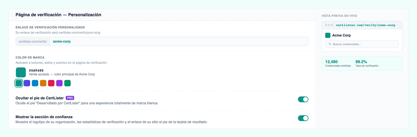 Configuración de personalización de la página de verificación de CertLister
