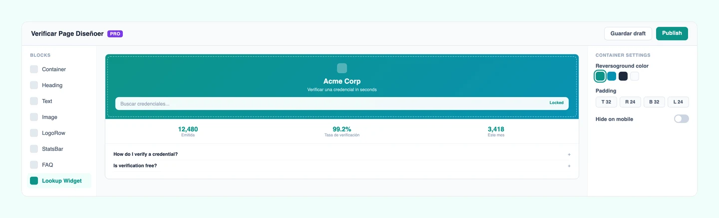 Editor del diseñador de página de verificación de CertLister mostrando la lista de bloques de arrastrar y soltar, el lienzo y el panel de configuración
