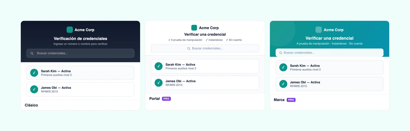 Opciones de diseño de la página de verificación de CertLister — diseños Classic, Portal y Brand lado a lado