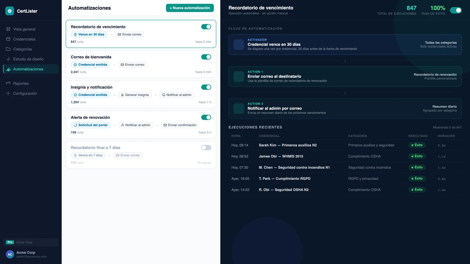 Editor de automatizaciones de CertLister mostrando una secuencia de disparador y acciones configurada para la emisión de credenciales
