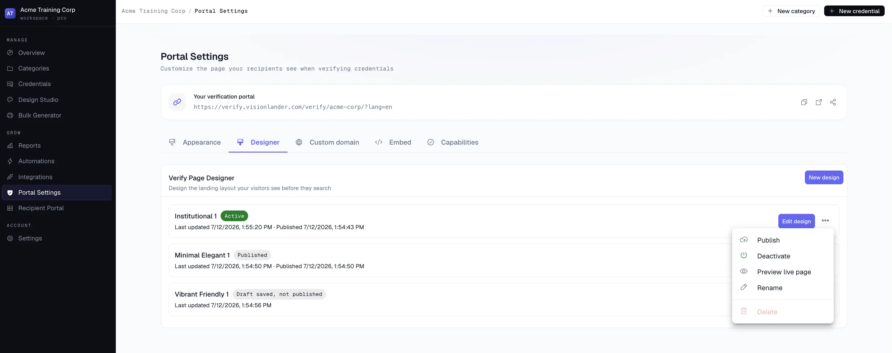Pestaña del Diseñador de página de verificación en la Configuración del portal de CertLister