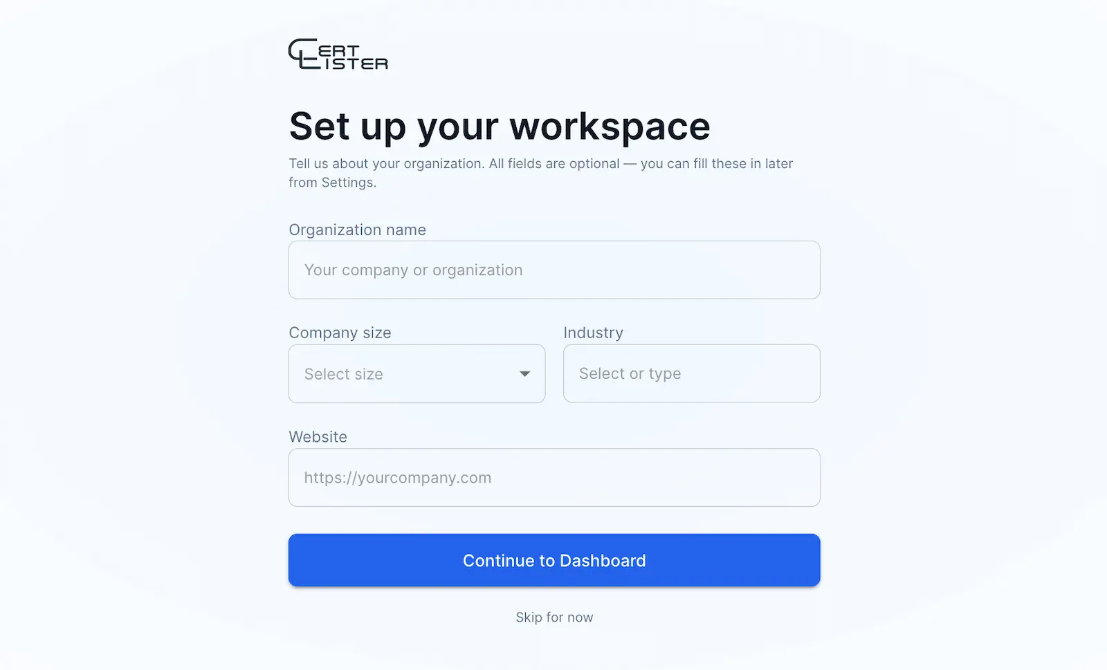 Página de configuración del espacio de trabajo de CertLister