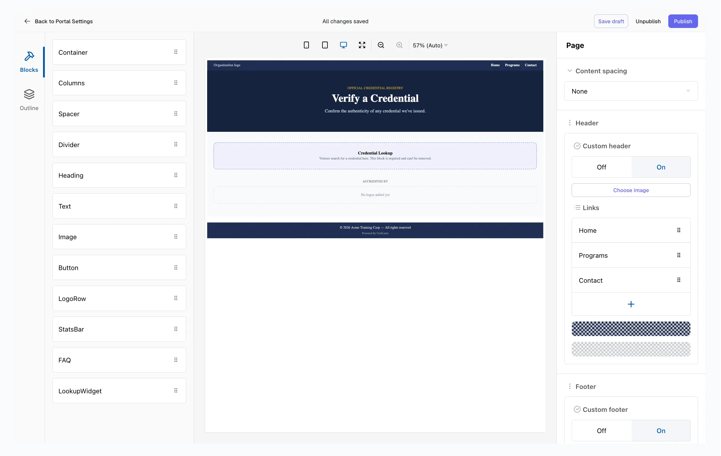Editor del Diseñador de página de verificación con la lista de bloques, el lienzo y el panel de configuración