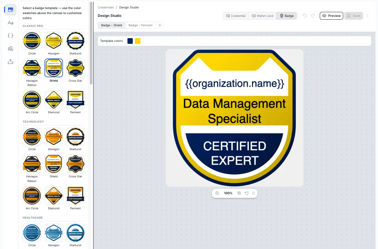 CertLister digital badge template gallery showing 72 SVG badge designs grouped by industry