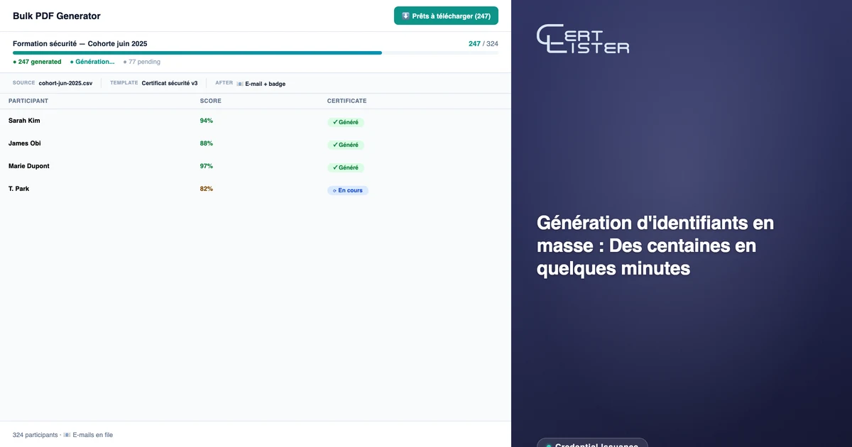 Vue d'ensemble du générateur CertLister affichant la sélection d'attestations et la progression de la génération