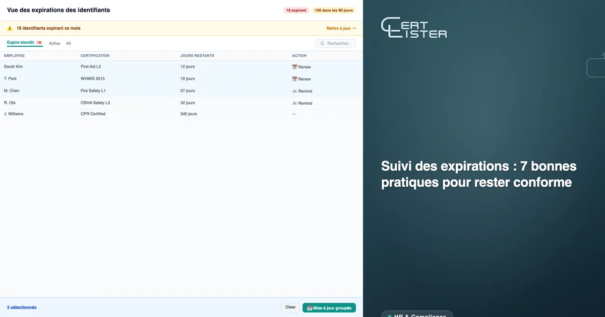 Suivi de l'expiration des attestations numériques CertLister — mise à jour groupée des dates d'échéance pour gérer les cycles de renouvellement