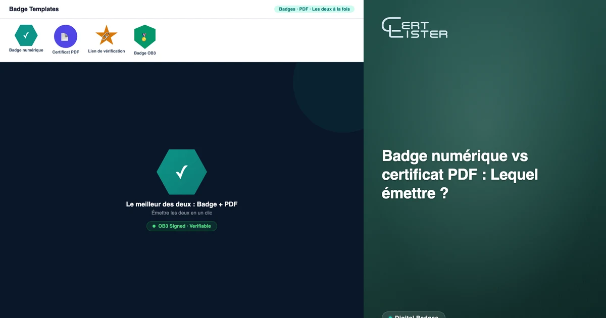 Galerie de modèles de badges numériques CertLister présentant des designs de badges variés en formes et secteurs