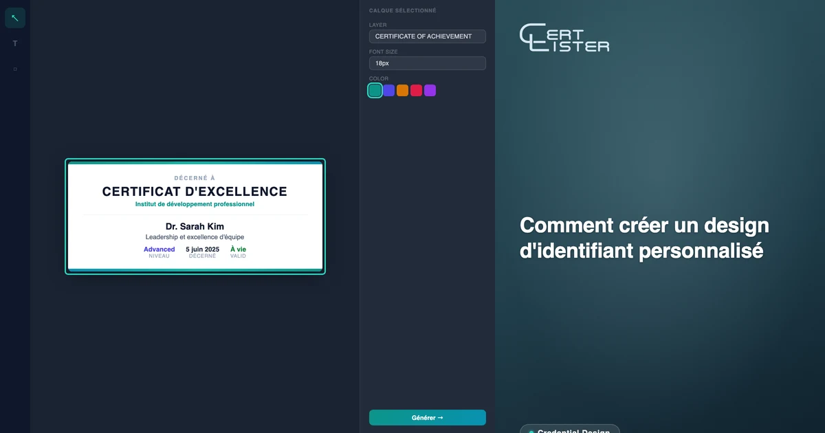 Toile du Studio de conception CertLister avec un modèle d'attestation personnalisé en cours de construction