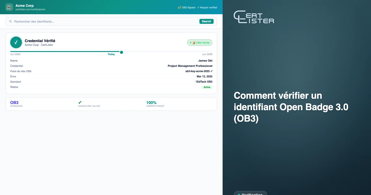 Validateur OB3 de CertLister affichant un résultat d'attestation valide avec les détails de l'émetteur et les six vérifications réussies
