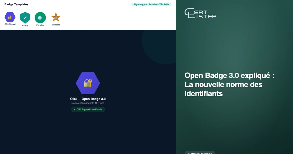 Panneau de paramètres OB3 de CertLister affichant la configuration Open Badge 3.0 et la gestion de la paire de clés