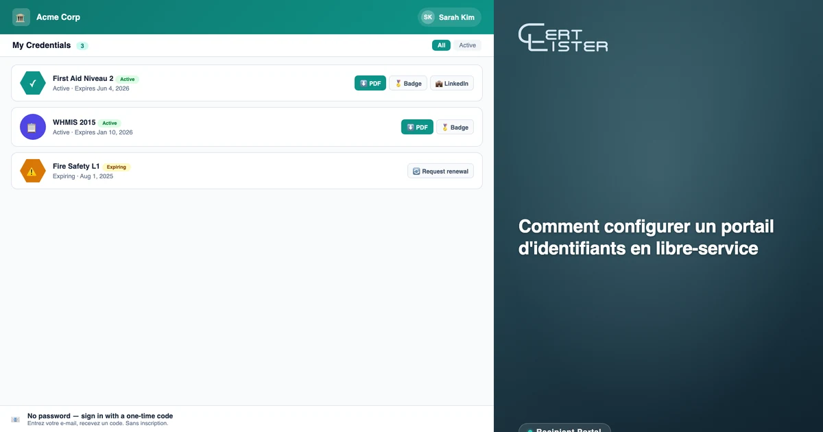 Portail destinataire CertLister affichant une vue connectée des attestations obtenues avec options de téléchargement et de partage