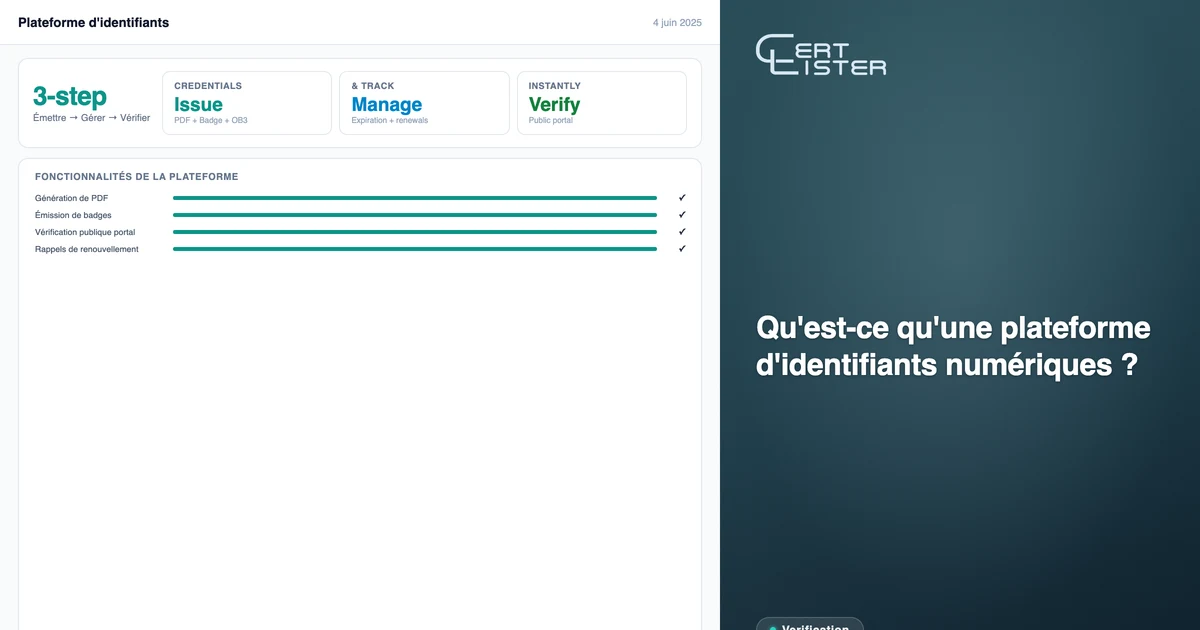 Plateforme d'attestations numériques CertLister — vue administrateur du portail de vérification