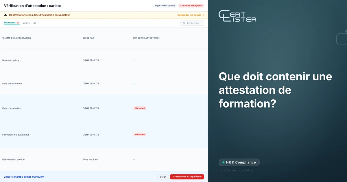 Vérification d'une attestation de cariste comparant les champs exigés par l'OSHA à ce que montre le document : la date d'évaluation et l'évaluateur manquent