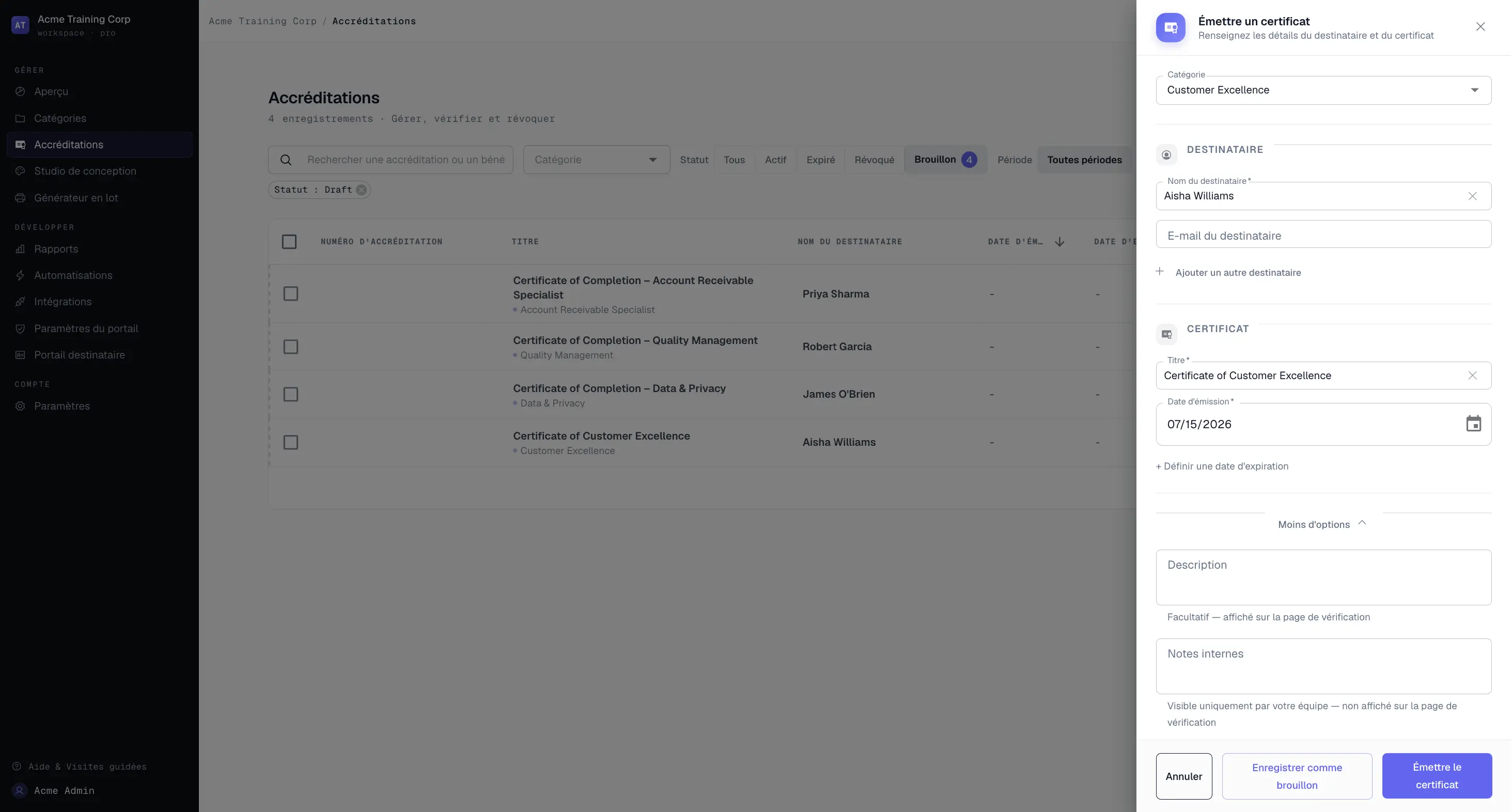 Tableau des attestations filtré sur le statut Brouillon dans CertLister