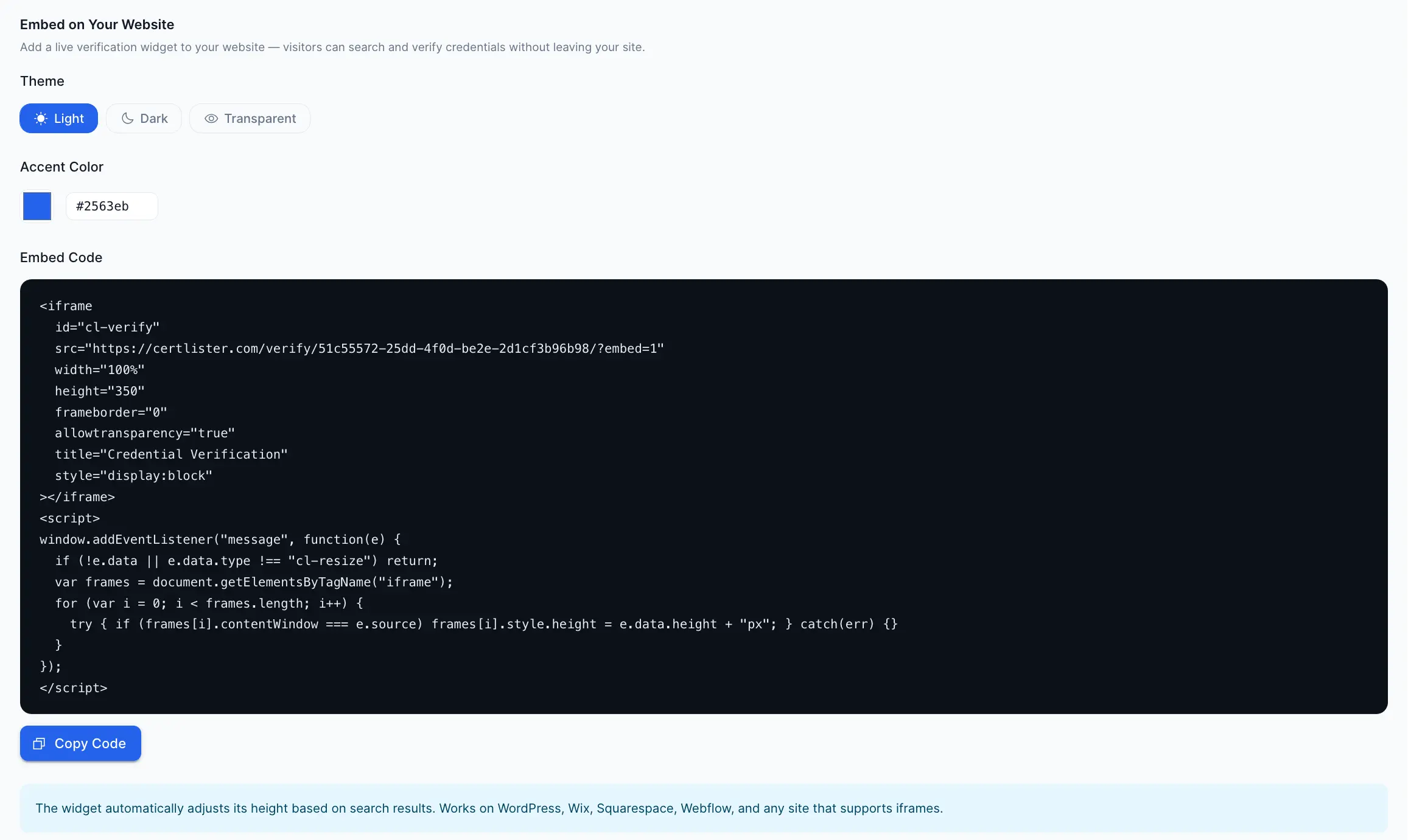 Code du widget intégrable de vérification d'attestations