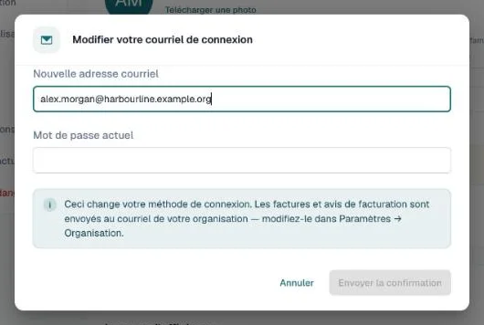 Boîte de dialogue Modifier votre courriel de connexion avec la nouvelle adresse et le mot de passe actuel