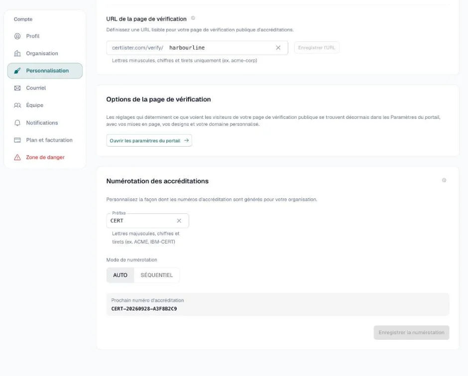 Onglet Personnalisation avec l'URL de la page de vérification, un lien vers ses options et la numérotation