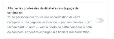 Interrupteur Afficher les photos des destinataires sur la page de vérification dans la section Page de vérification de la catégorie