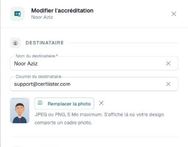 Tiroir Modifier l'accréditation avec la vignette de la photo, Remplacer la photo et la commande de retrait