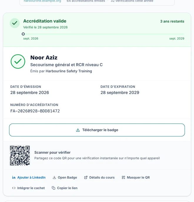 Page de vérification d'une attestation avec photo : le dossier est confirmé, sans bouton de téléchargement de l'accréditation