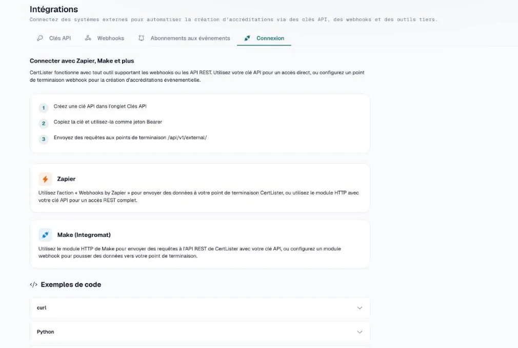 Onglet Connexion avec les étapes de configuration, les notes Zapier et Make, et des exemples de code
