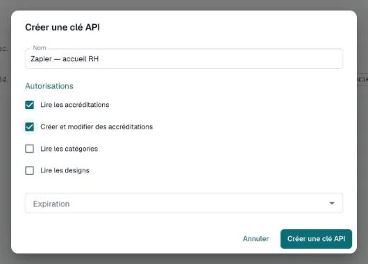 Boîte de dialogue Créer une clé API avec un nom, les autorisations et la liste d'expiration
