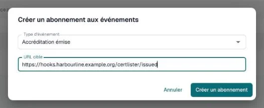 Boîte de dialogue Créer un abonnement aux événements remplie avec Accréditation émise et une URL cible