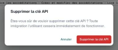 Boîte de dialogue de confirmation Supprimer la clé API