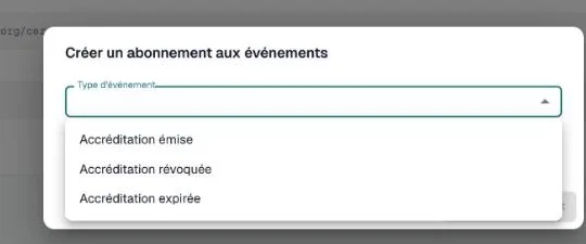 Boîte de dialogue Créer un abonnement aux événements avec la liste des types d'événement ouverte