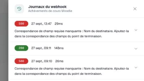 Panneau Journaux du webhook avec une livraison réussie et deux échecs