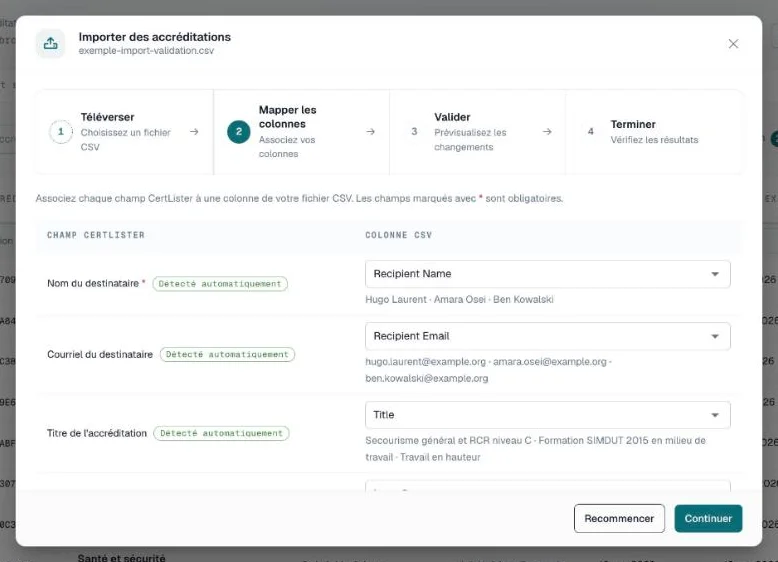 Étape Mapper les colonnes avec chaque champ CertLister et la colonne CSV associée