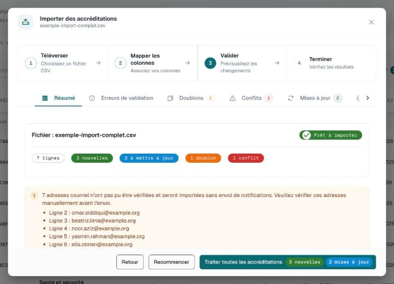 Onglet Résumé de l'étape Valider avec le nombre de lignes par onglet