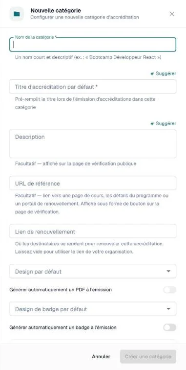 Tiroir Nouvelle catégorie avec le nom, le titre par défaut, la description, les liens et les réglages de design