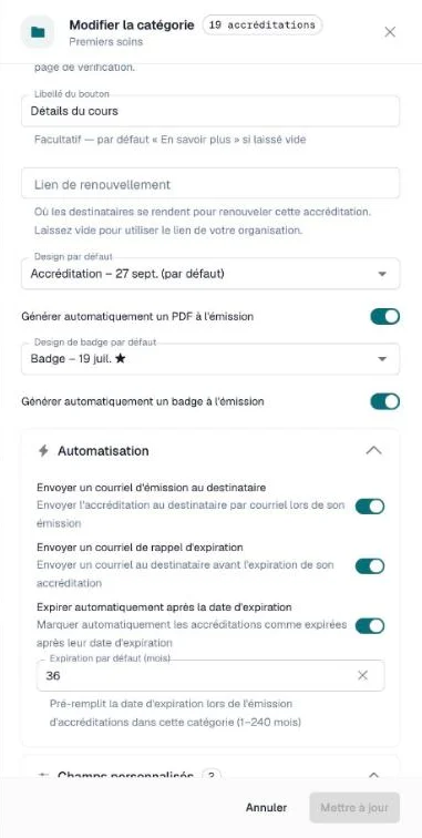 Section Automatisation du tiroir de catégorie avec ses trois interrupteurs et le champ d'expiration par défaut