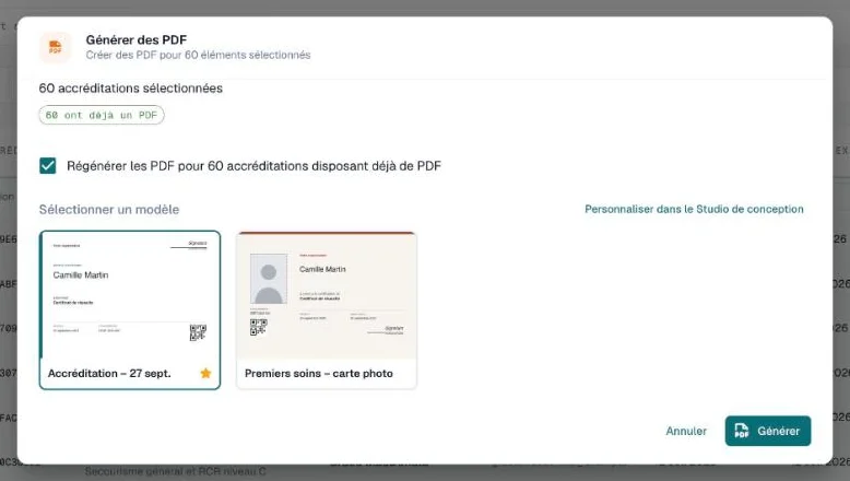 Boîte de dialogue Générer des PDF avec la case de régénération cochée et un design choisi