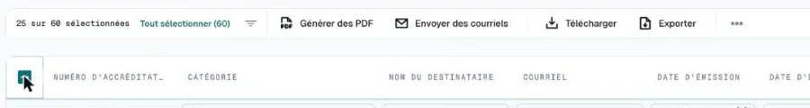 Barre de sélection avec un lien pour tout sélectionner et le bouton Générer des PDF