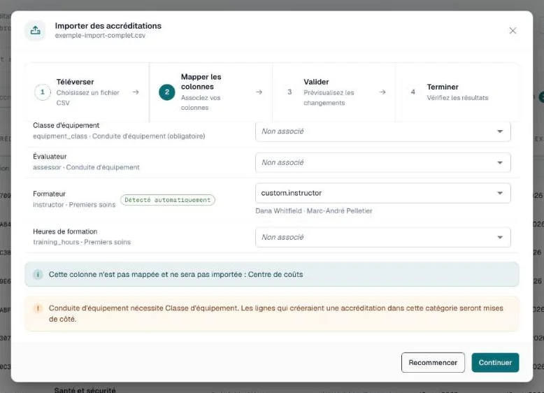 Étape Mapper les colonnes avec le tableau des champs personnalisés et une colonne associée à custom.instructor