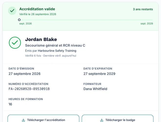 Fiche de résultat de la page de vérification avec Formateur et Heures de formation à côté des dates