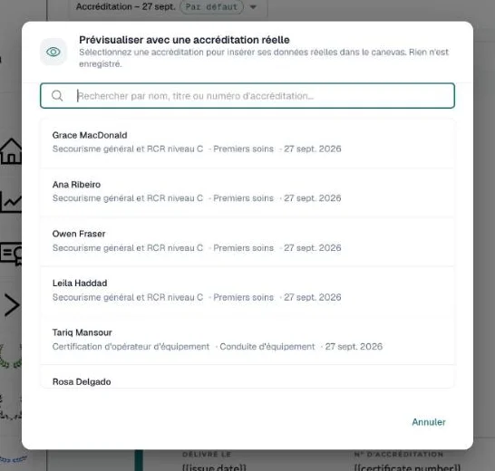 Boîte de dialogue Prévisualiser avec une accréditation réelle avec une recherche et une liste d'attestations
