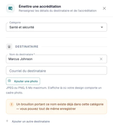 Tiroir affichant l'alerte de brouillon en double sous les champs du destinataire
